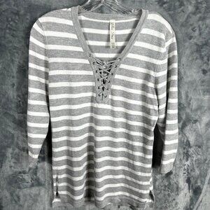Pina Rossi Woman’s Top Gray And White Striped Lace Upfront Side Slits Medium